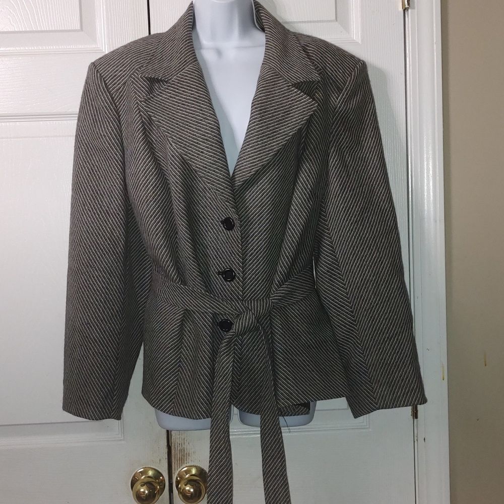 Talbots Womens Wool Blazer Jacket Black White Stripe Belted Notch Lapel Sz 24W
